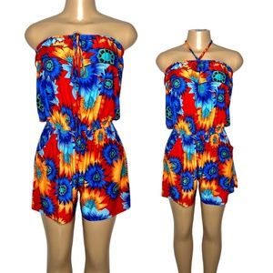 Size L Off Shoulder Floral Red and Blue Women Romper with Pockets Short Jumpsuit